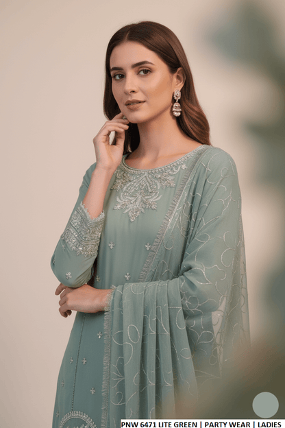 Light green chiffon Pakistani women's short shirt with sharara side view