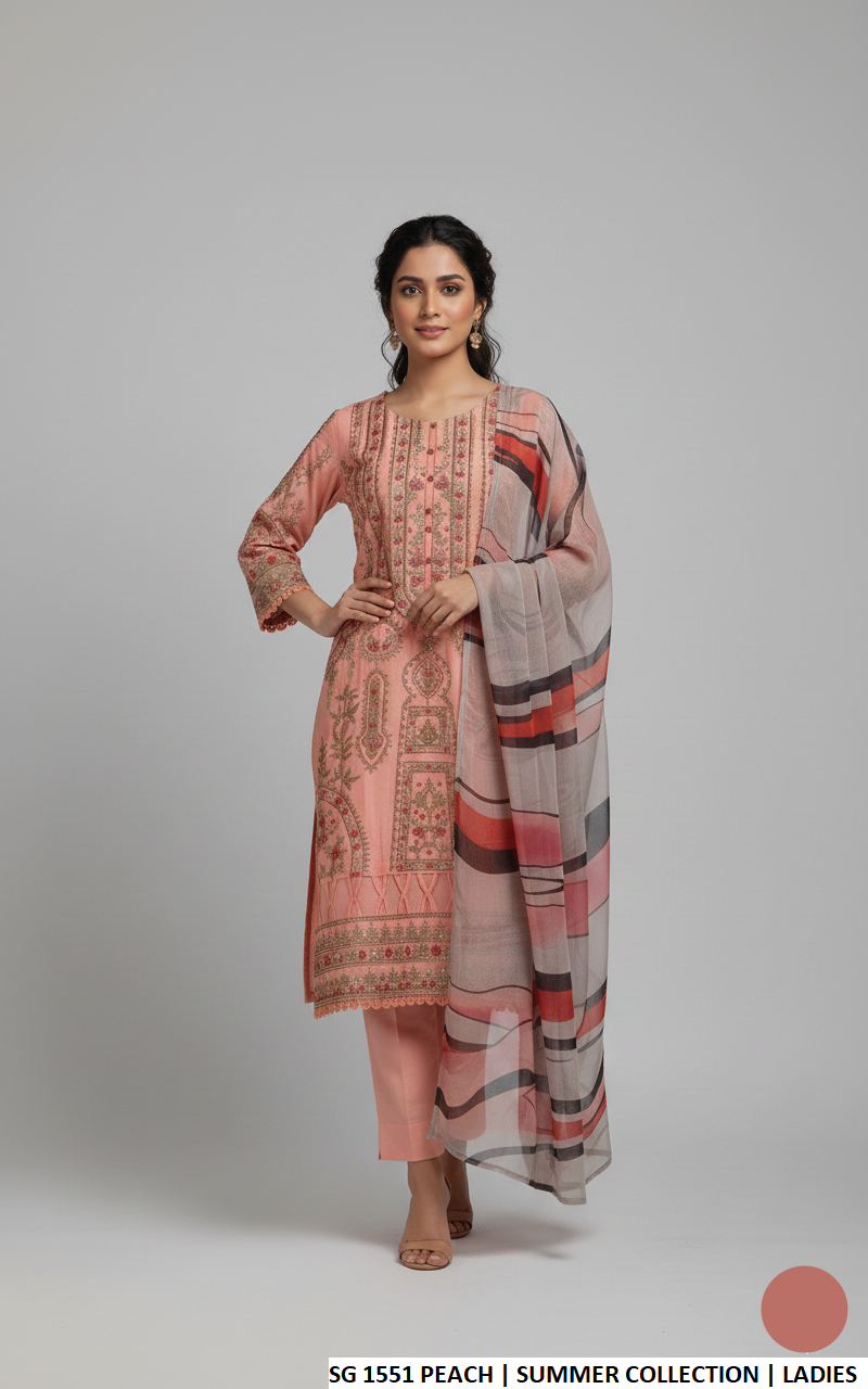 Cotton A-Line shirt peach - Pakistani women's casual elegant outfit with chiffon dupatta front view