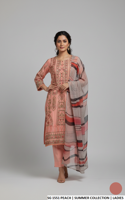 Cotton A-Line shirt peach - Pakistani women's casual elegant outfit with chiffon dupatta front view