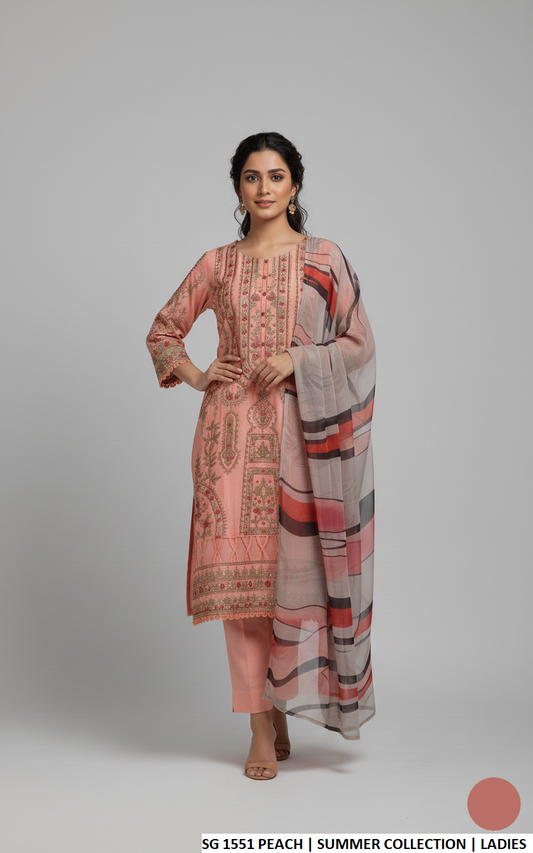 Cotton A-Line shirt peach - Pakistani women's casual elegant outfit with chiffon dupatta front view