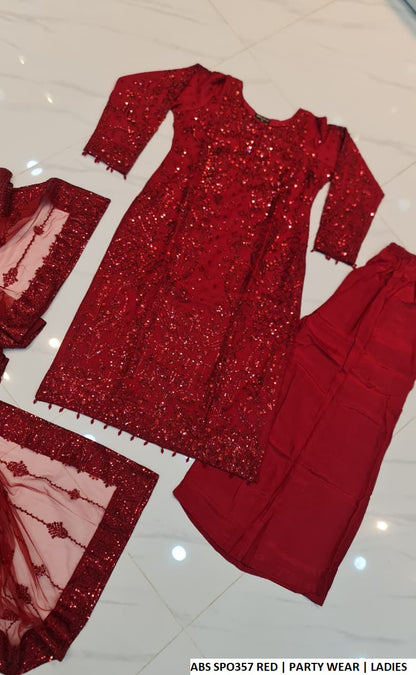 Pakistani women's red soft net straight shirt plazo back view