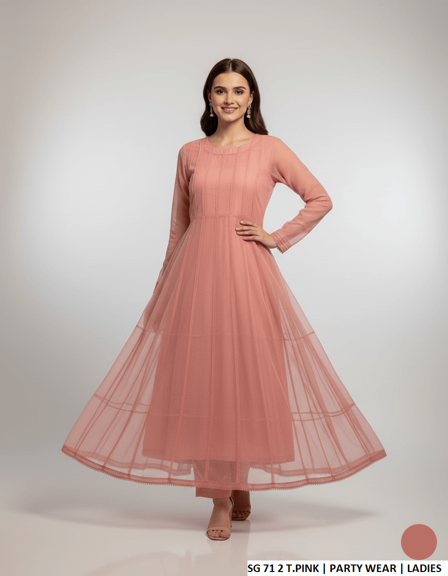 Pakistani women's tea pink chiffon long frock back view