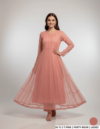 Pakistani women's tea pink chiffon long frock back view