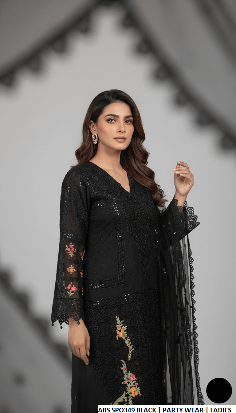 Pakistani women's black chiffon straight shirt detail view