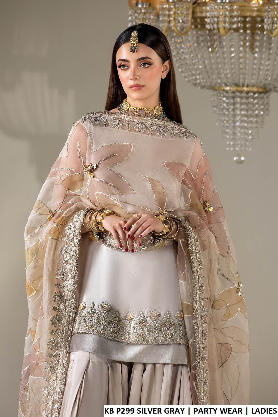 Silver grey gloss silk Pakistani women's short shirt with chermeuse sharara side view