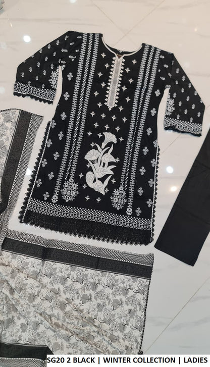 Pakistani women's black khaddar A-Line winter shirt back view