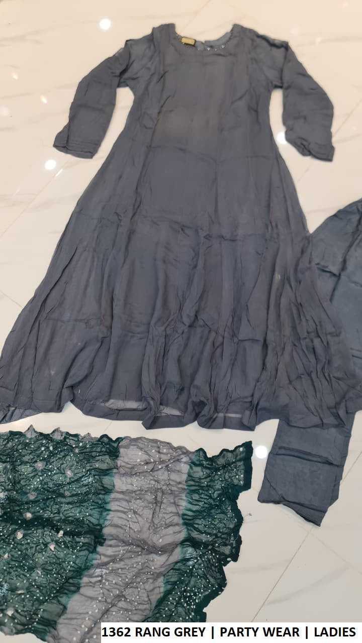 Chiffon long frock grey with chunri dupatta - Pakistani women's festive cultural wear with grip trouser front view