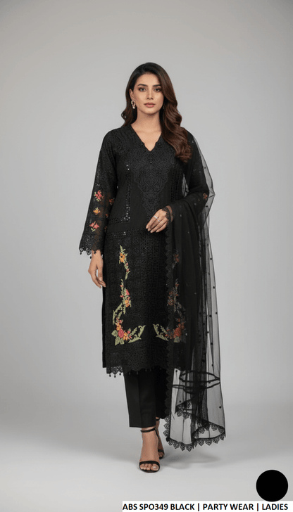 Chiffon straight shirt black - Pakistani women's casual party wear with grip trouser and soft net dupatta front view