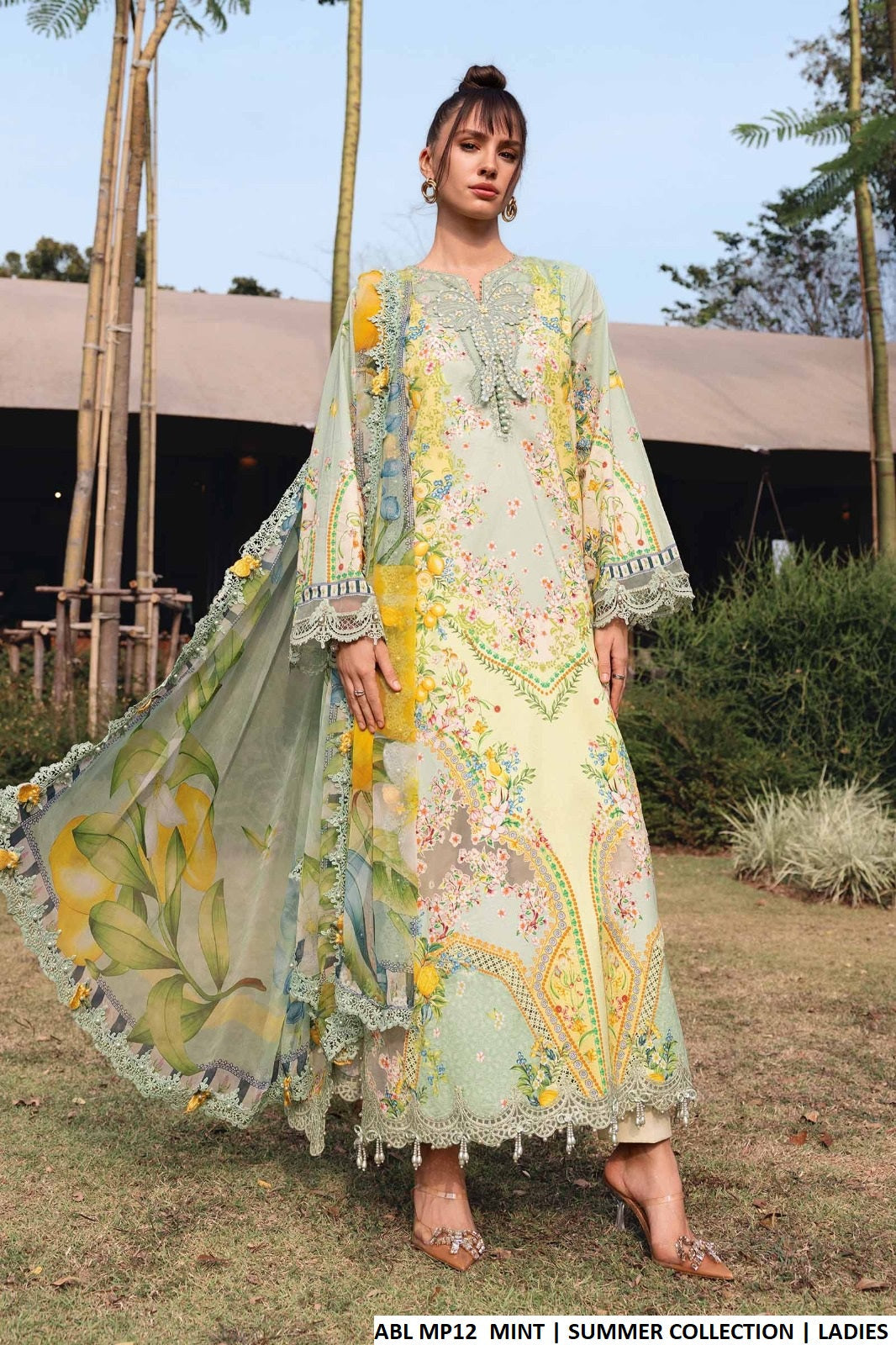 Poly lawn A-Line shirt mint - Pakistani women's casual summer outfit with digital print dupatta front view