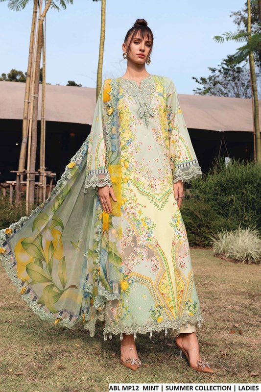 Poly lawn A-Line shirt mint - Pakistani women's casual summer outfit with digital print dupatta front view