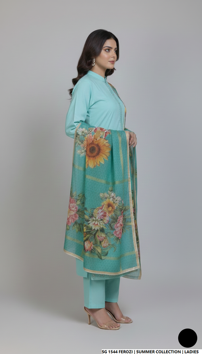 Pakistani women's ferozi lawn A-Line casual outfit back view