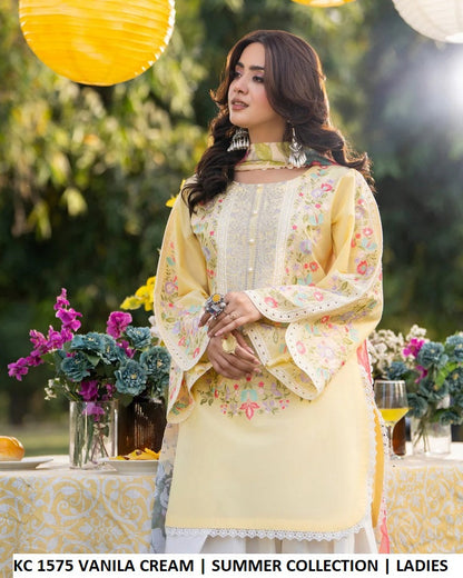 KC Sunehri 1575 Vanilla Cream - Vanilla Cream Embroidered 3-Piece Women's Pakistani Suit