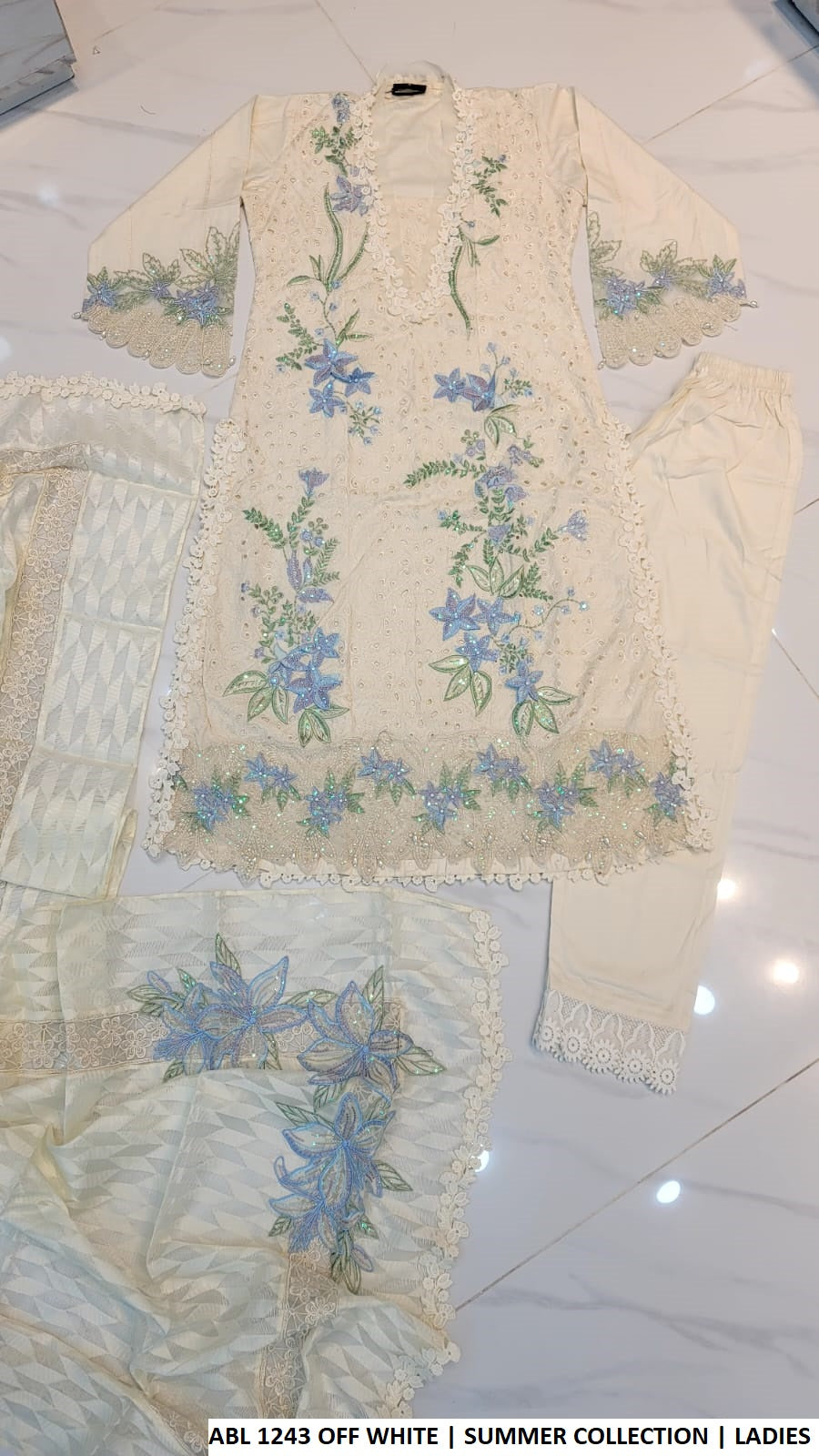 Pakistani women's off white cotton A-Line shirt back view