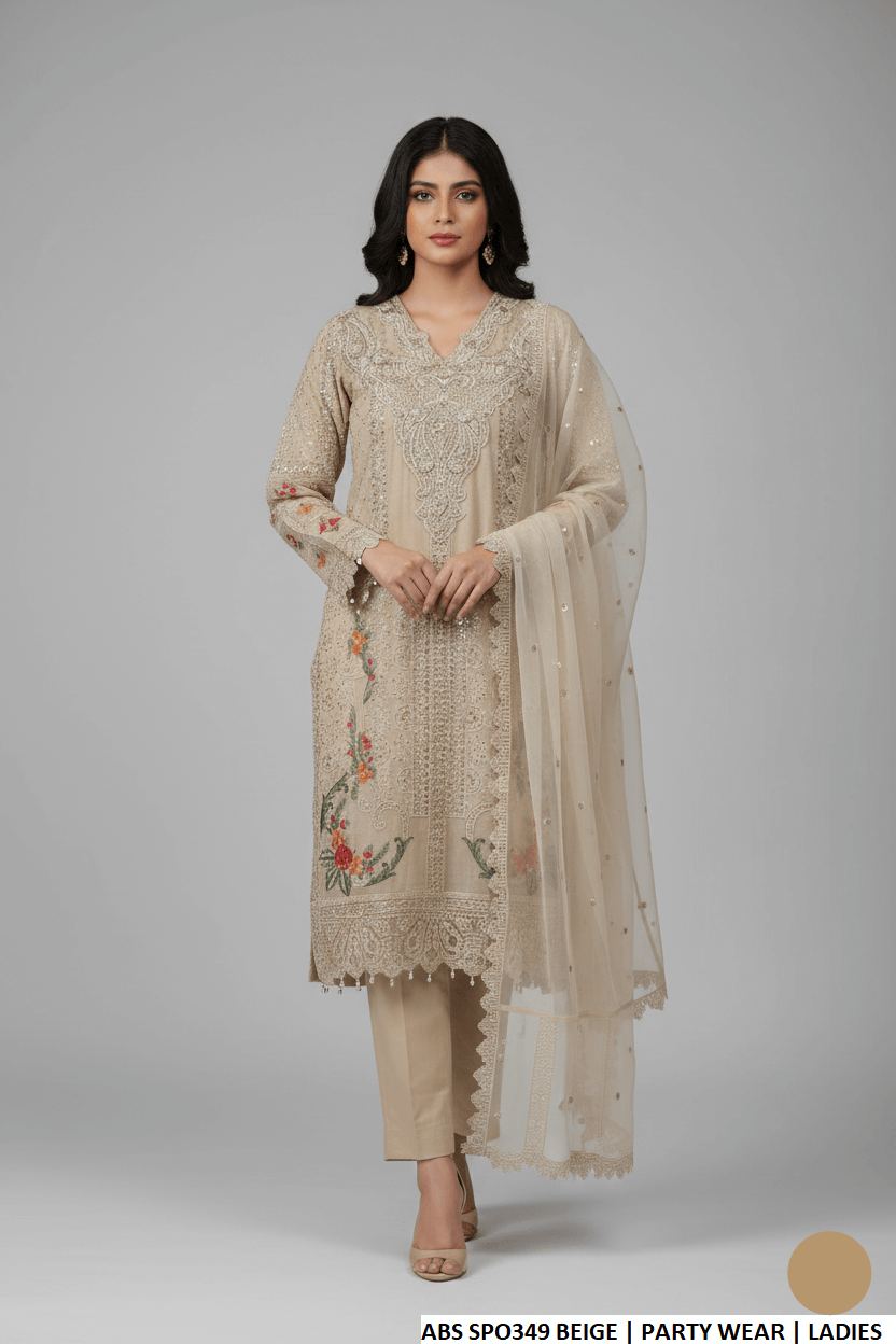 Chiffon straight shirt beige - Pakistani women's casual party wear with grip trouser and soft net dupatta front view