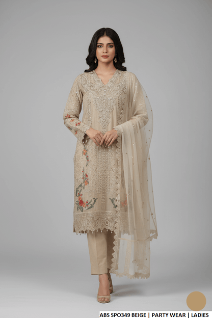 Chiffon straight shirt beige - Pakistani women's casual party wear with grip trouser and soft net dupatta front view