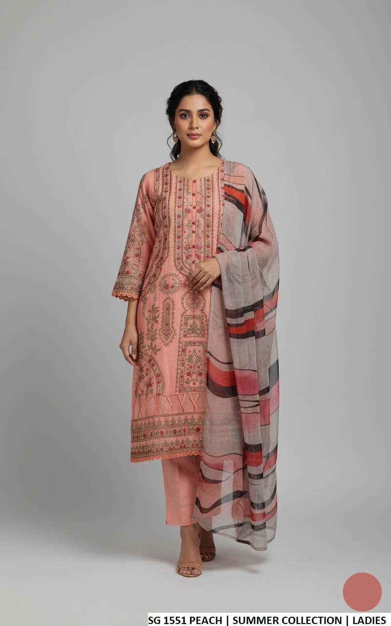 Pakistani women's peach cotton A-Line casual outfit back view