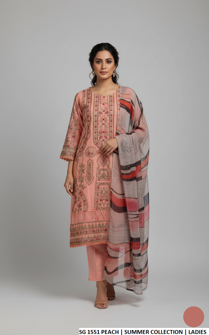 Pakistani women's peach cotton A-Line casual outfit back view