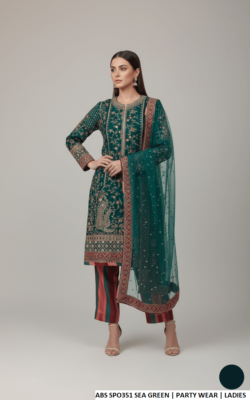 Pakistani women's sea green chiffon straight shirt detail view