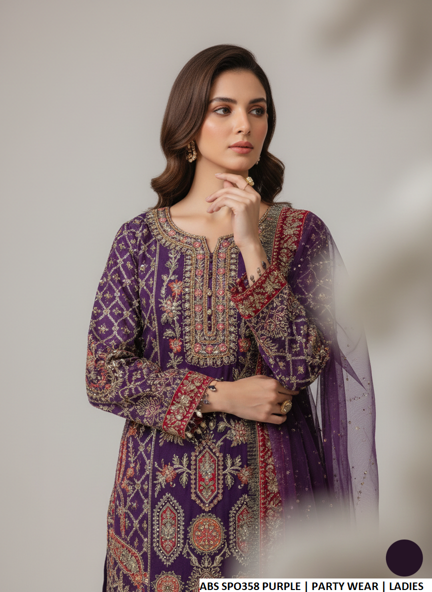 Chiffon straight shirt plazo purple - Pakistani women's formal party wear with viscose plazo and organza dupatta front view