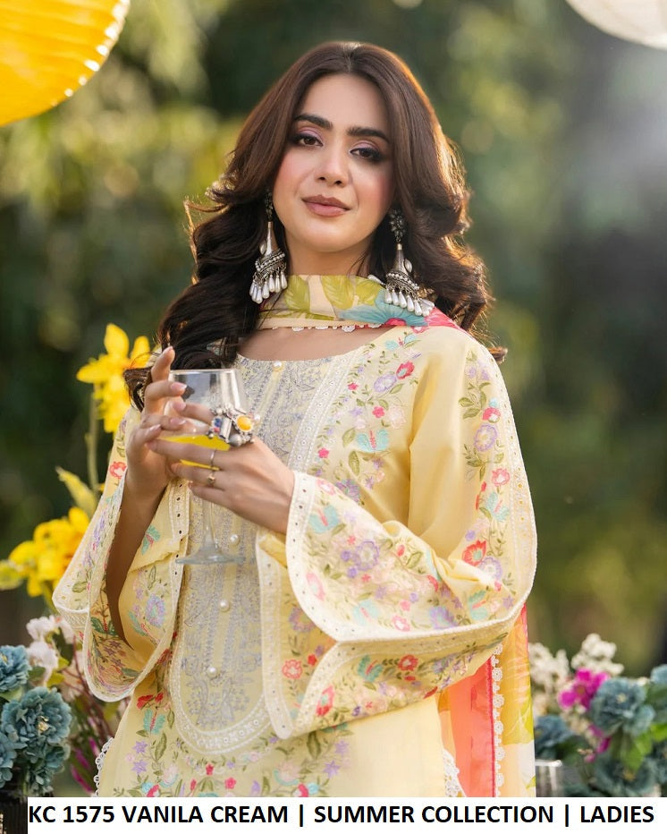 KC Sunehri 1575 Vanilla Cream - Vanilla Cream Embroidered 3-Piece Women's Pakistani Suit