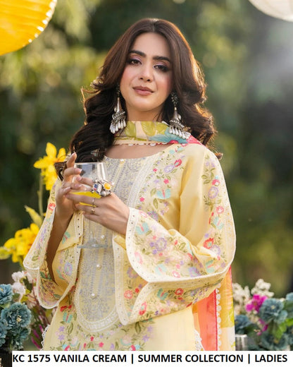 KC Sunehri 1575 Vanilla Cream - Vanilla Cream Embroidered 3-Piece Women's Pakistani Suit