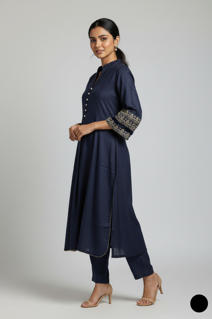 Pakistani women's navy blue lawn A-Line casual shirt detail view