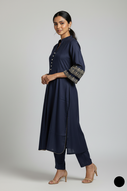 Pakistani women's navy blue lawn A-Line casual shirt detail view