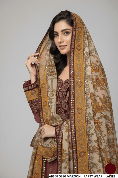 Pakistani women's maroon organza straight shirt with jamawar trouser detail view