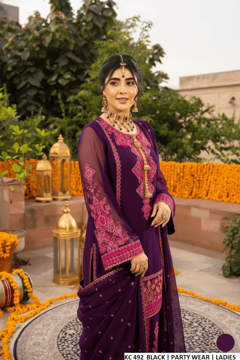 Pakistani women's purple silk long A-Line shirt plazo back view