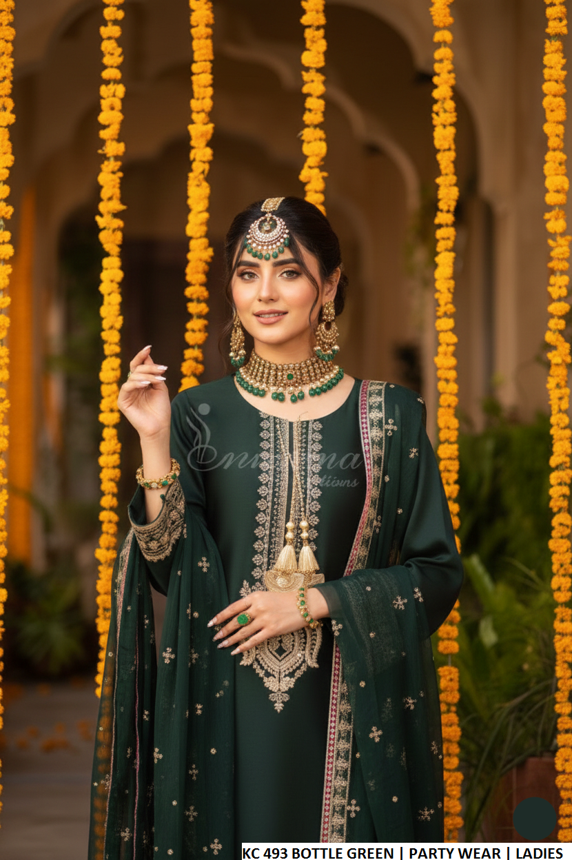 Pakistani women's bottle green silk long kaftan plazo back view