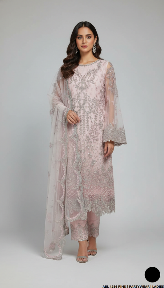Organza straight shirt pink - Pakistani women's elegant formal wear with viscose trouser and organza dupatta front view