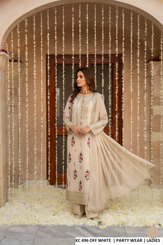 Silk long kaftan plazo off white - Pakistani women's luxury formal wear with silk dupatta front view