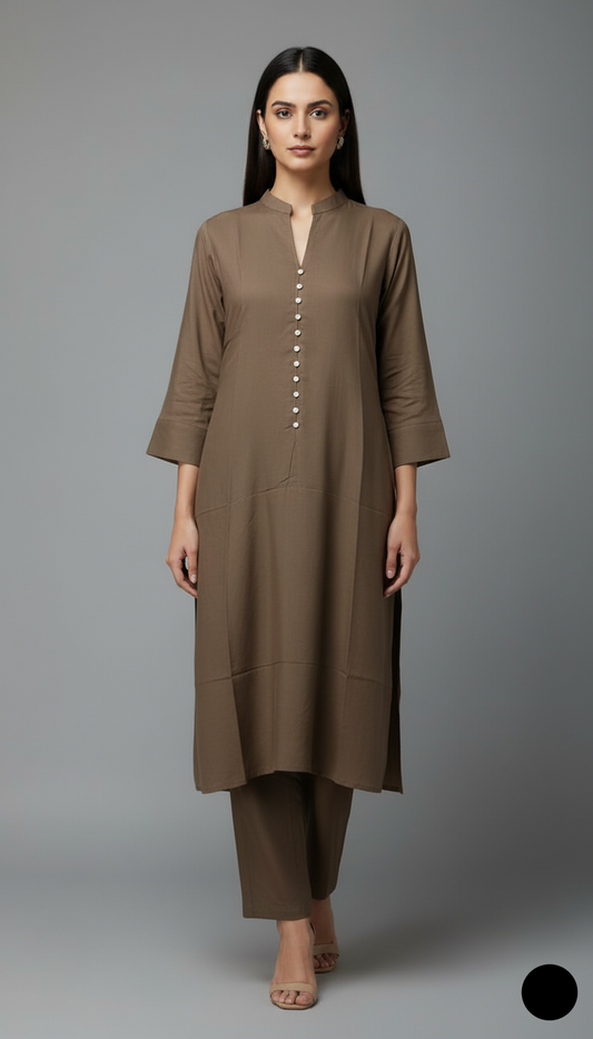 Khaddar 2-piece chocolate brown - Pakistani women's casual winter outfit with khaddar trouser and shawl front view