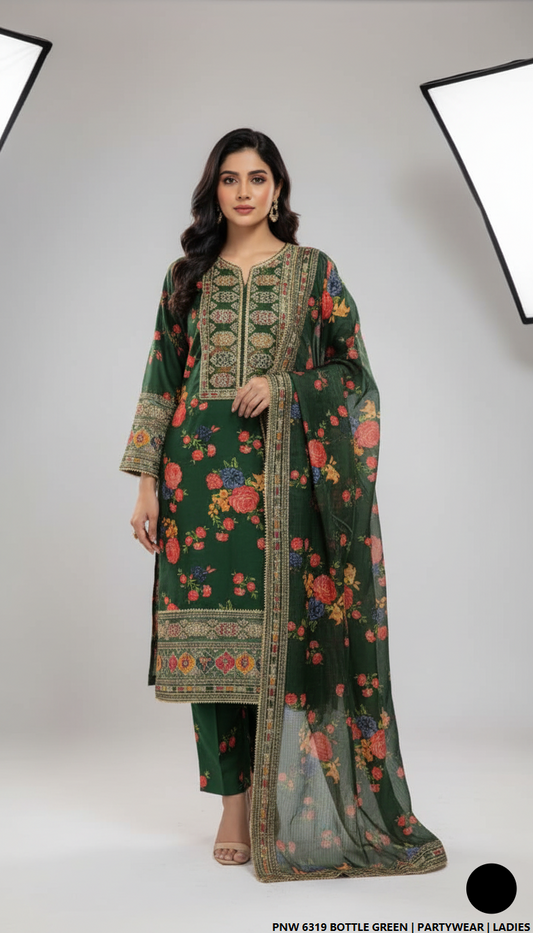 Chiffon straight shirt bottle green - Pakistani women's elegant party wear with viscose trouser and chiffon dupatta front view