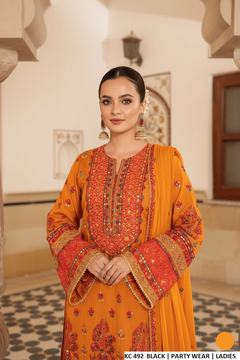 Orange silk Pakistani women's long kaftan with plazo side view