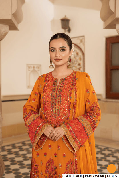 Orange silk Pakistani women's long kaftan with plazo side view