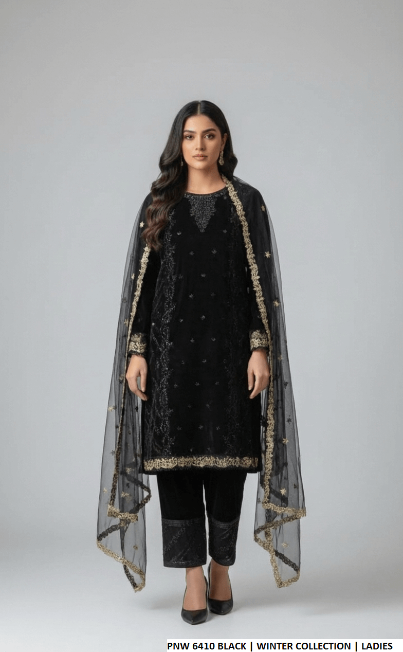 Pakistani women's black velvet straight shirt back view
