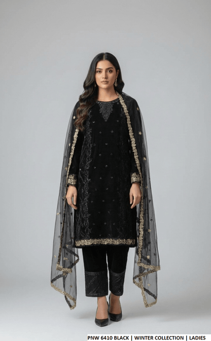 Pakistani women's black velvet straight shirt back view