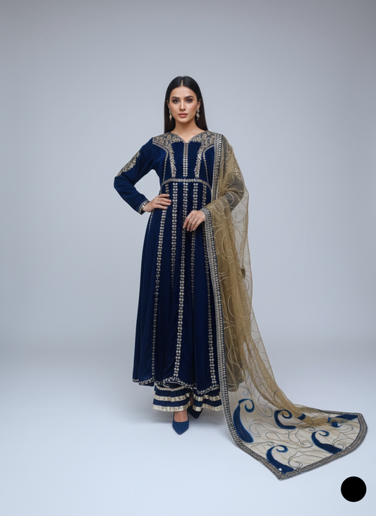 Velvet A-Line shirt navy blue - Pakistani women's winter formal wear with viscose trouser and palachi shawl front view