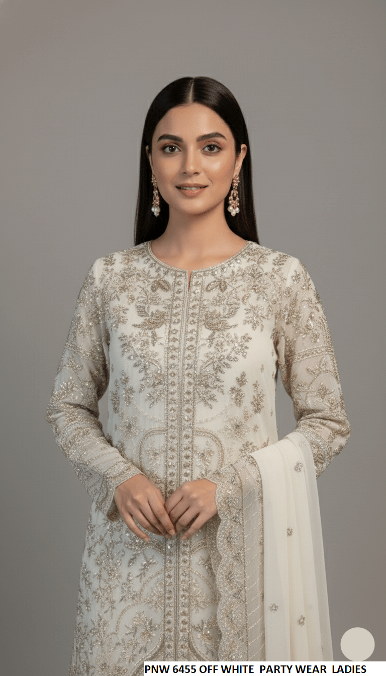 Chiffon straight shirt off white - Pakistani women's party wear with grip trouser and chiffon dupatta front view