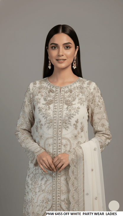 Chiffon straight shirt off white - Pakistani women's party wear with grip trouser and chiffon dupatta front view