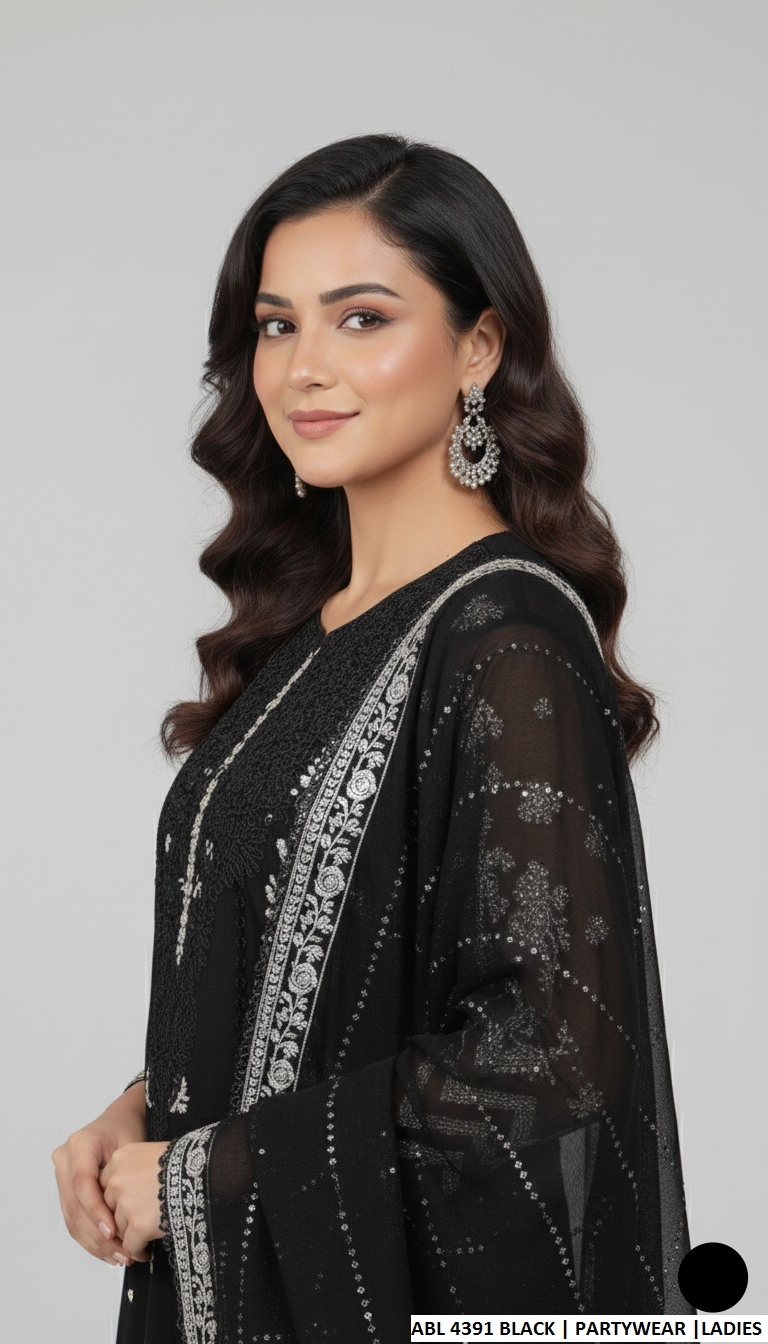 Pakistani women's black chiffon straight shirt detail view