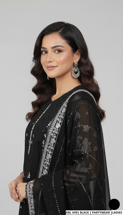 Pakistani women's black chiffon straight shirt detail view