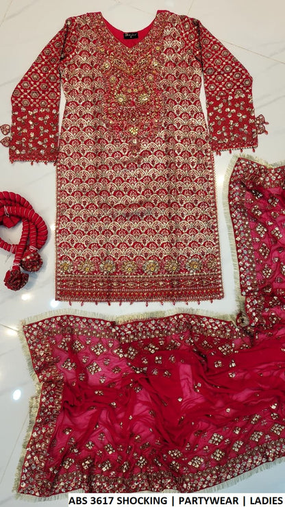 ABS 3617 SHOCKING PINK - Shocking Pink Chiffon Straight 3-Piece Women's Pakistani Suit