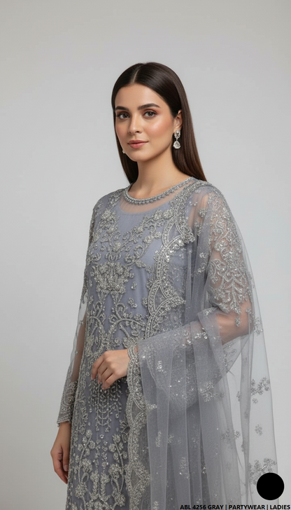 Grey organza Pakistani women's straight shirt side view