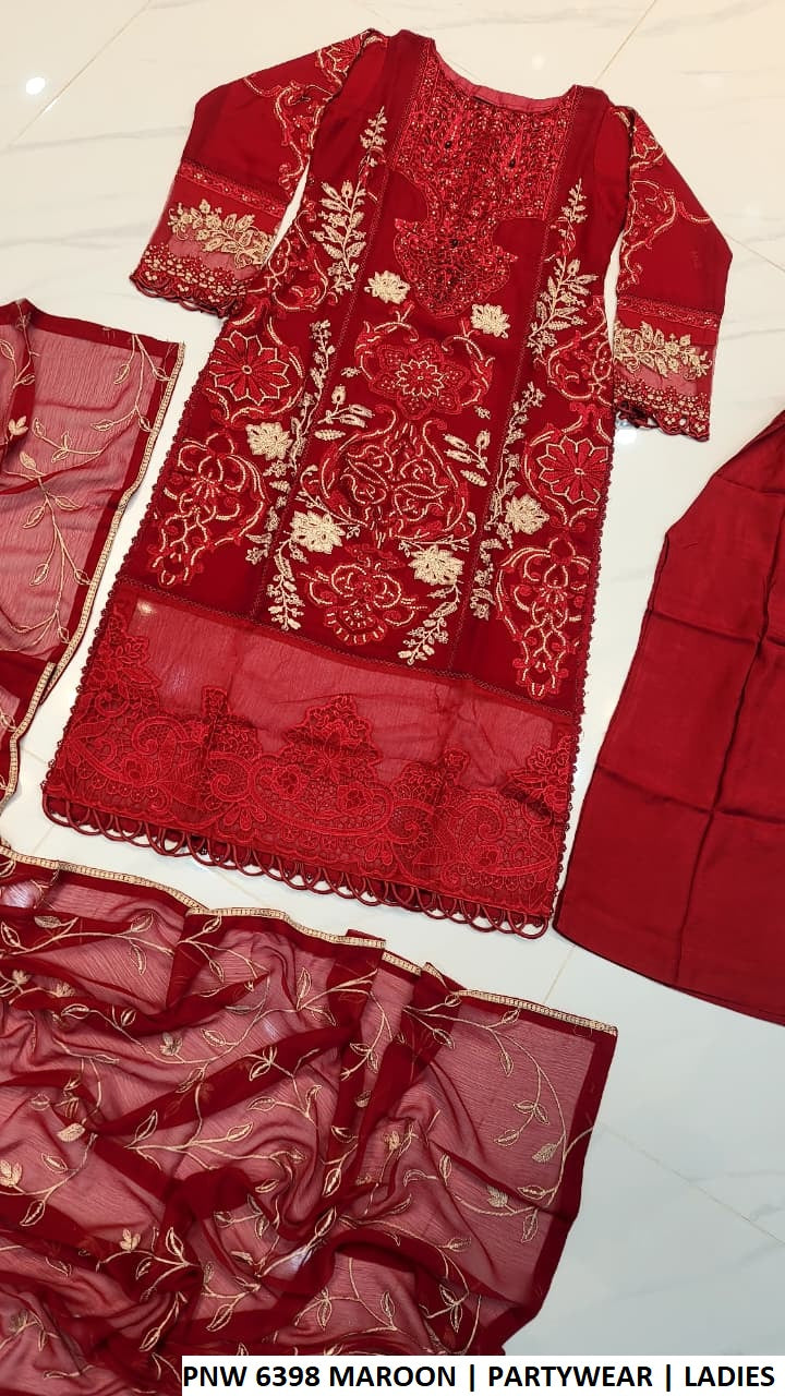PNW 6398 MAROON - Maroon Chiffon Straight 3-Piece Women's Pakistani Suit