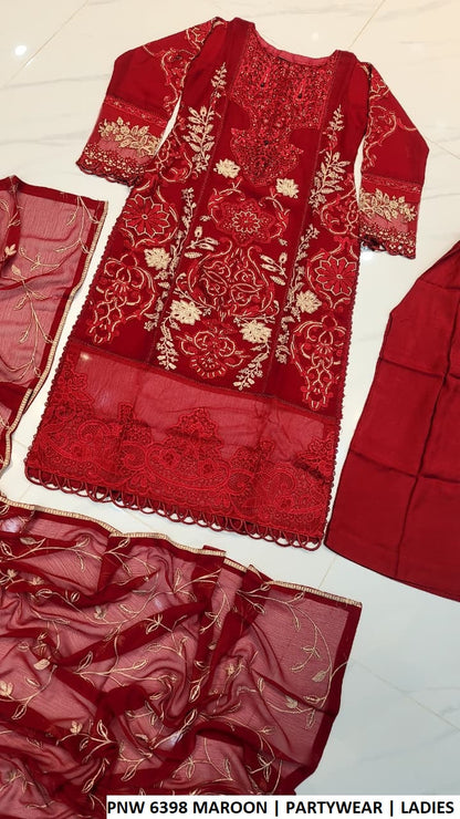 PNW 6398 MAROON - Maroon Chiffon Straight 3-Piece Women's Pakistani Suit