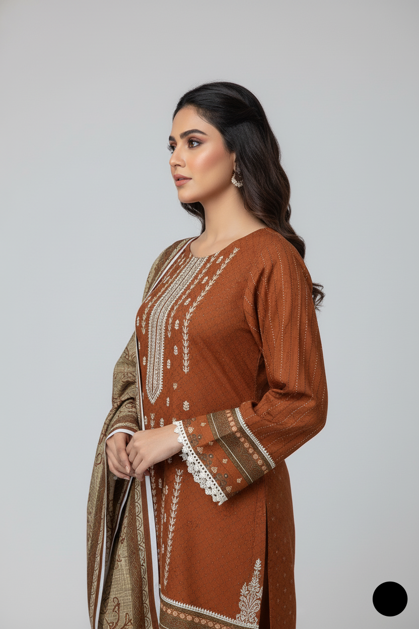 SG20 40 graceful Sulb Khaddar women's outfit with digital khaddar shawl back view
