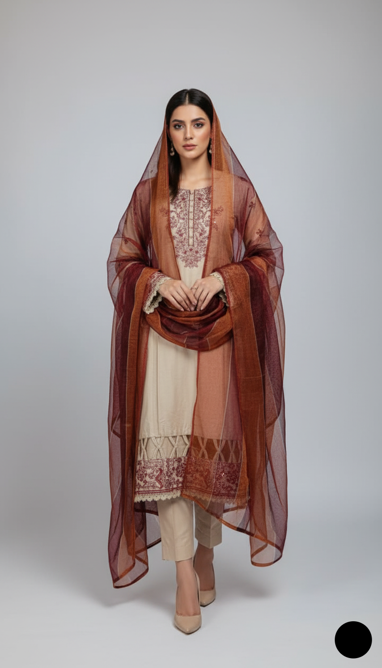 Lawn A-Line shirt skin - Pakistani women's casual summer outfit with cotton trouser and lawn dupatta front view