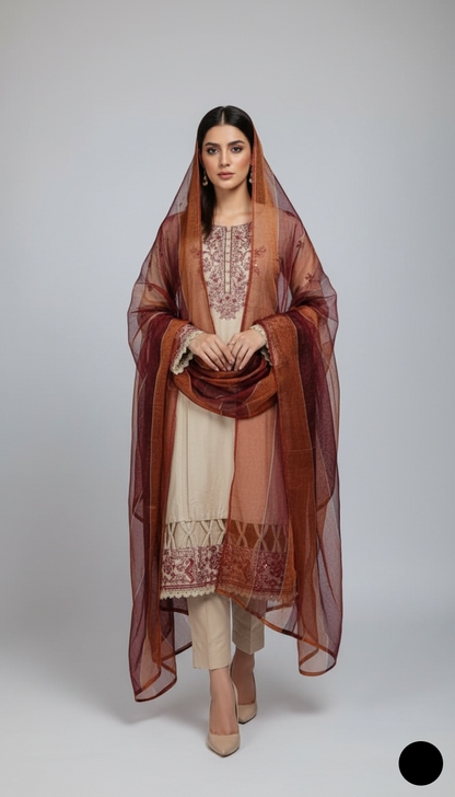 Lawn A-Line shirt skin - Pakistani women's casual summer outfit with cotton trouser and lawn dupatta front view